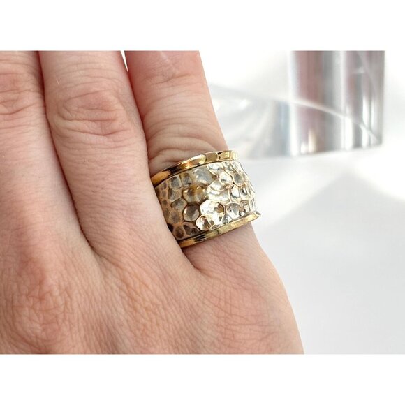 Hammered Dual Sterling Silver & Gold Toned Chunky Cigar 925 Vintage Ring sz 5.75 - Picture 4 of 10